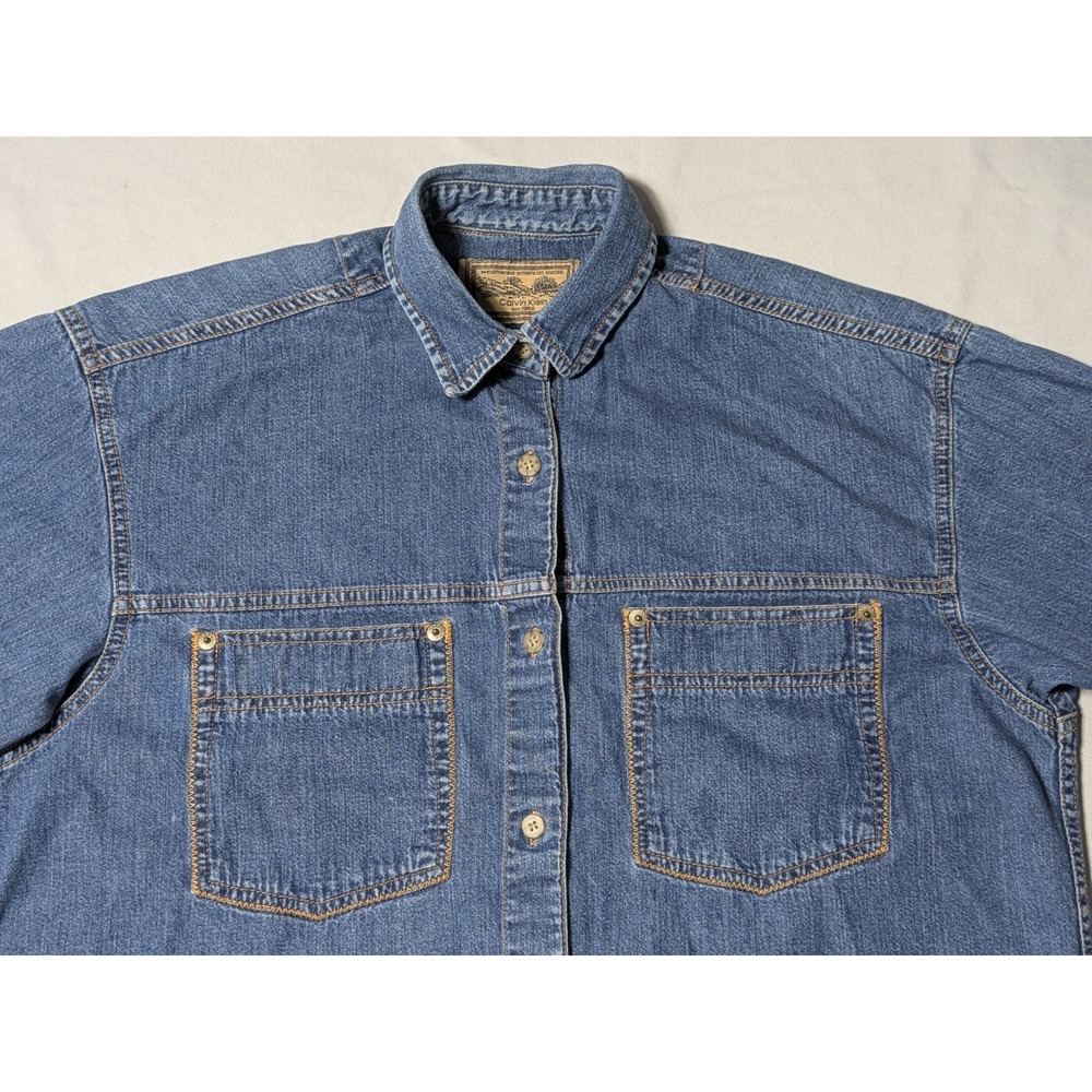 VTG 80s CALVIN KLEIN Weathered American Classic Blue Denim Shirt - Women Medium - Picture 3 of 16